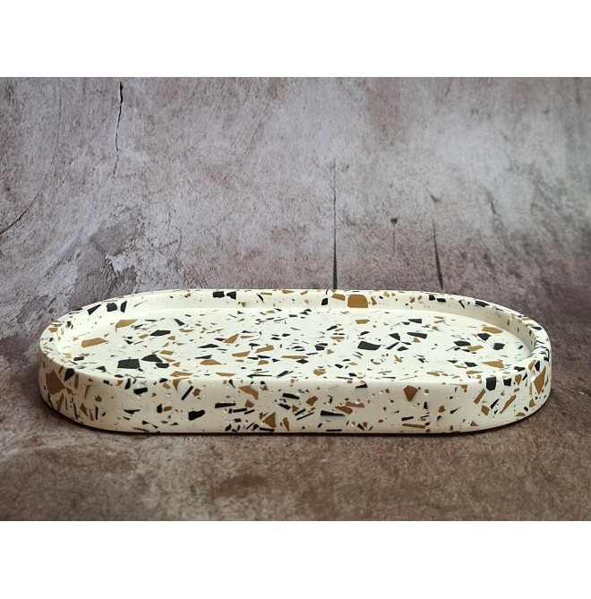 Bandeja Ovalada Terrazzo negro/ochre en blanco